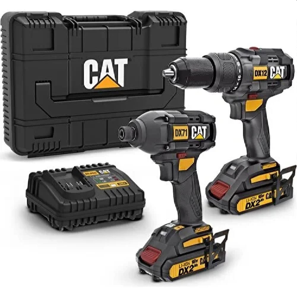 Cat DX12K 18VOLT/2.0AH Li-Ion Çift Akülü Kömürsüz Profesyonel Şarjlı Darbeli Matkap + DX71 Kömürsüz Darbeli Tornavida Kombo Set