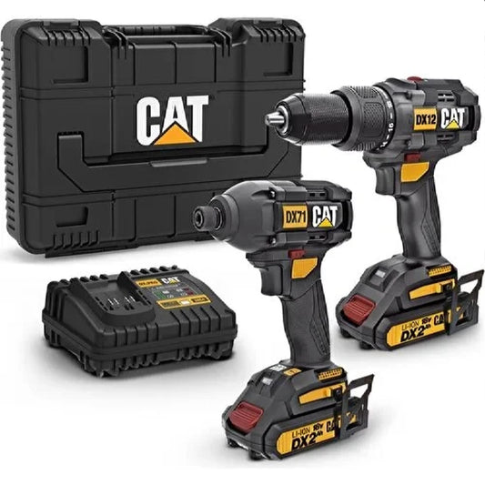 Cat DX12K 18VOLT/2.0AH Li-Ion Çift Akülü Kömürsüz Profesyonel Şarjlı Darbeli Matkap + DX71 Kömürsüz Darbeli Tornavida Kombo Set